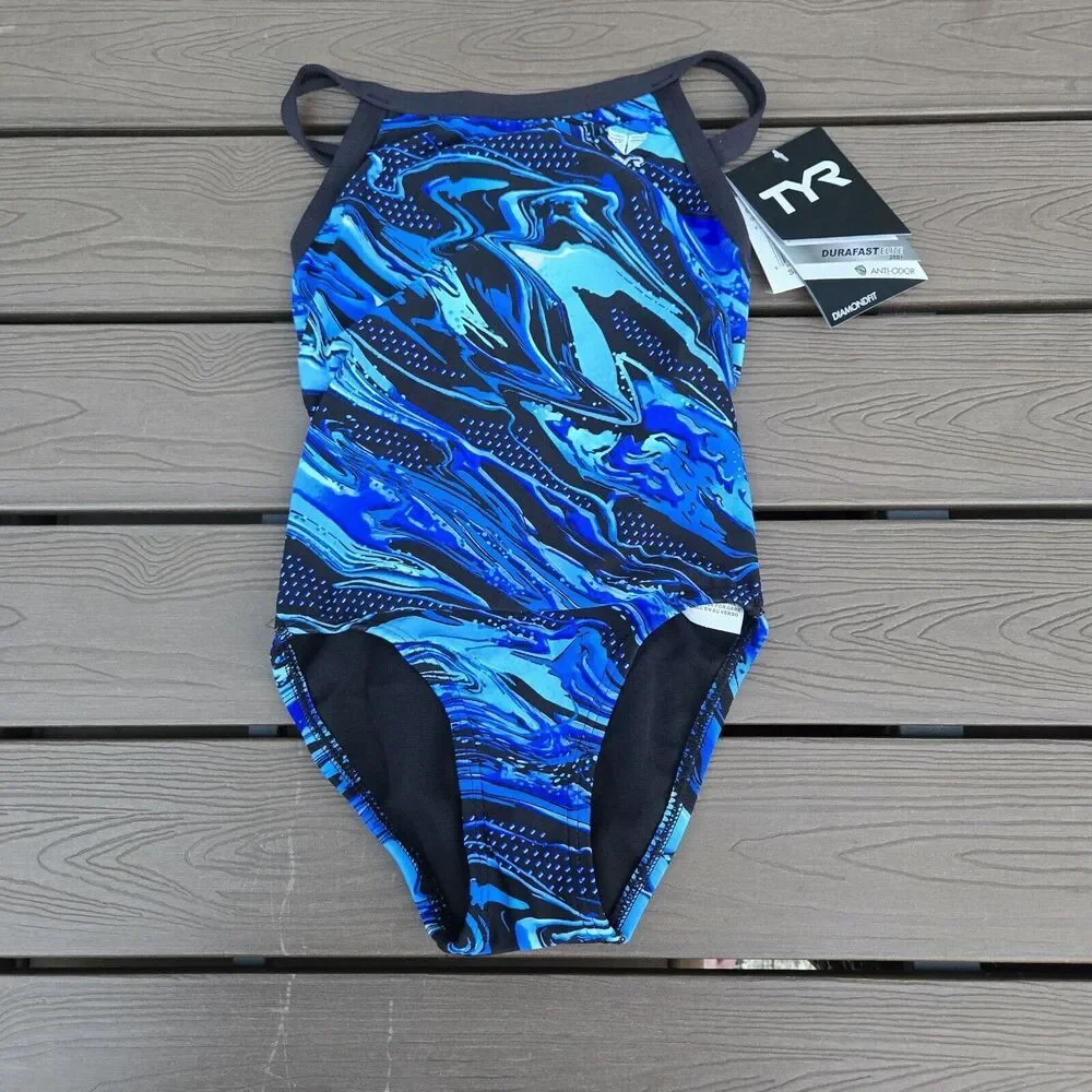 TYR DuraFast Elite Oil Slick Diamondfit 1 Pc Swim Blue Youth Girl Sz 22 New